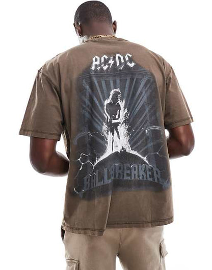 Pull&Bear - T-shirt à imprimé ACDC au dos - Marron délavé