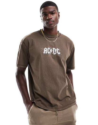 Pull&Bear - T-shirt à imprimé ACDC au dos - Marron délavé