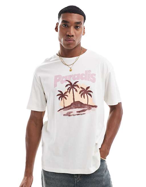 Jack & Jones - T-shirt oversize avec imprimé Paradis - Beige